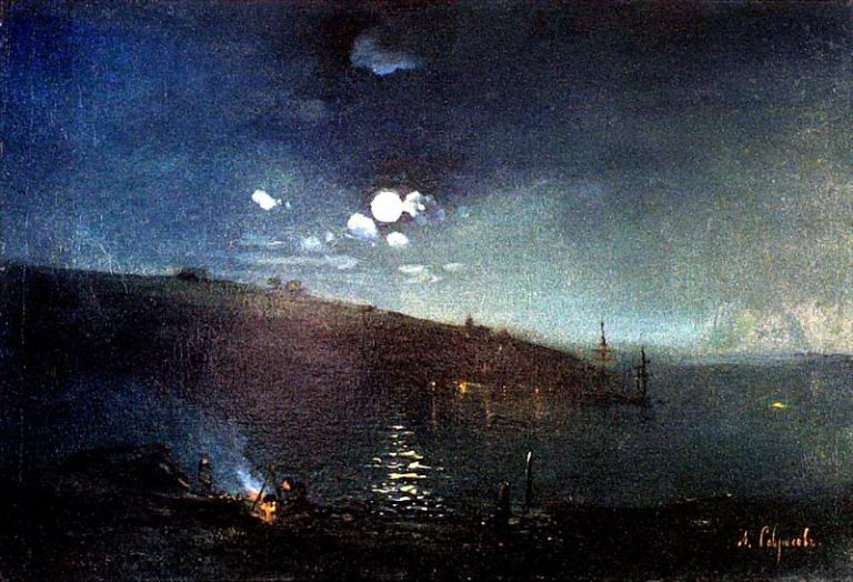 Лунная ночь. Пейзаж с костром. 1880-1890-е картина
