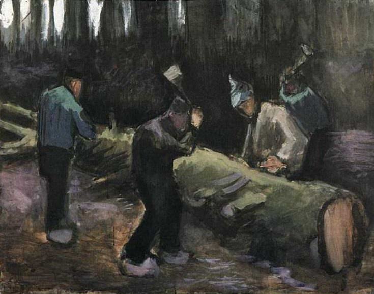 Четверо мужчин рубят лес картина