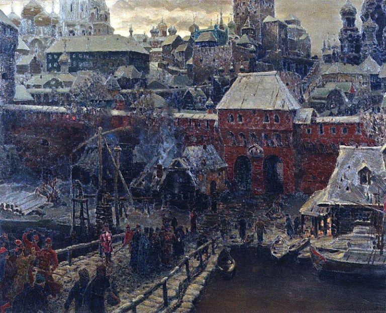 Москва середины XVII столетия. Москворецкий мост и Водяные ворота. 1900 картина