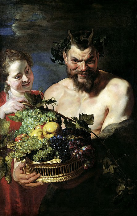 Сатир и женщина с корзиной фруктов картина