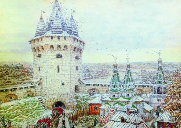 Семиверхая угловая башня Белого города в XVII веке. 1924 картина