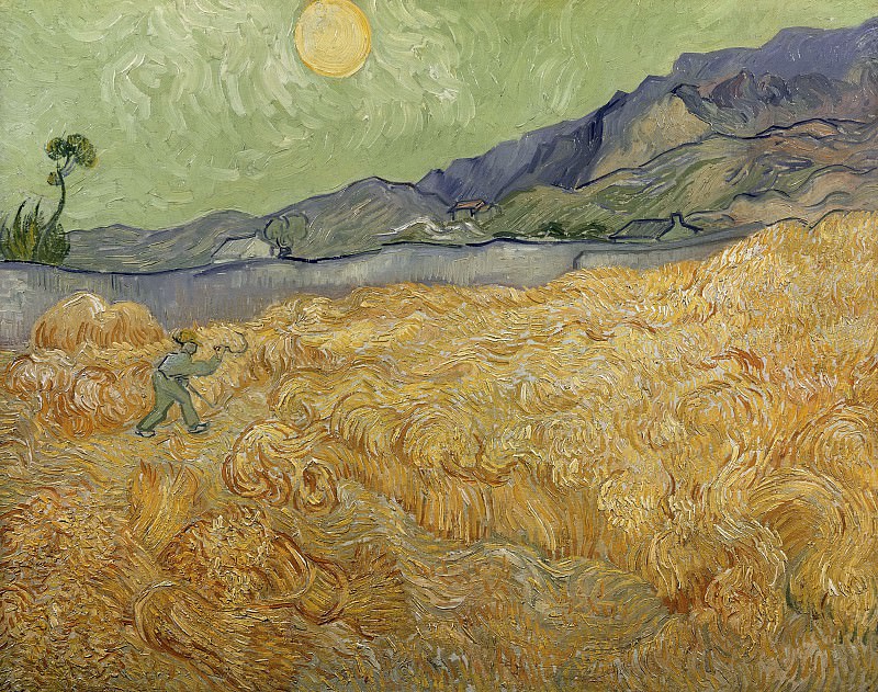 Пшеничное поле со жнецом и восходом солнца картина