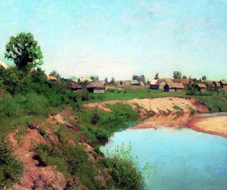 Деревня на берегу реки. 1883 картина