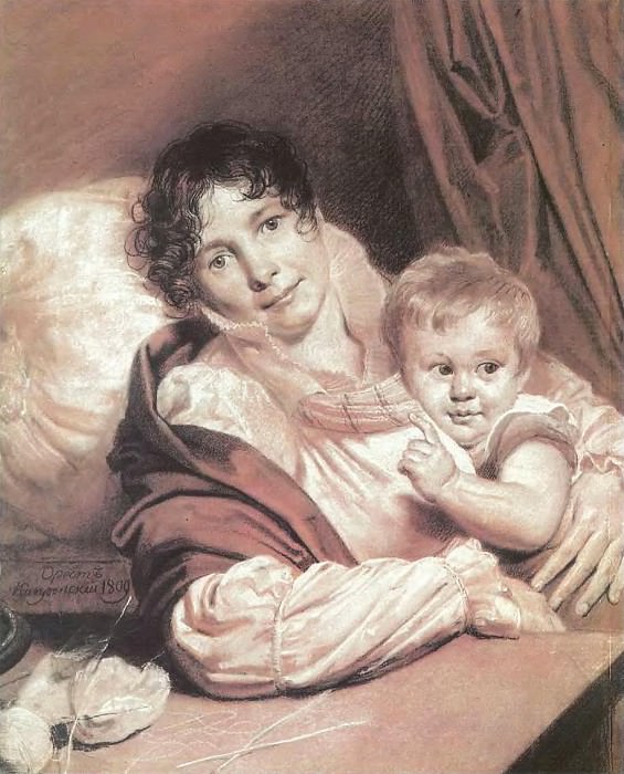 Мать с ребенком (Портрет г-жи Прейс q). 1809. Б. коричн. , ит. к. , мел. 57, 5х49. ГТГ картина