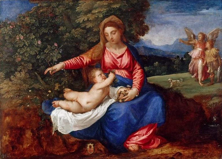 Мадонна с Младенцем на фоне пейзажа с Товией и ангелом картина