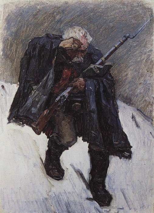Старый солдат, спускающийся по склону снежной горы картина