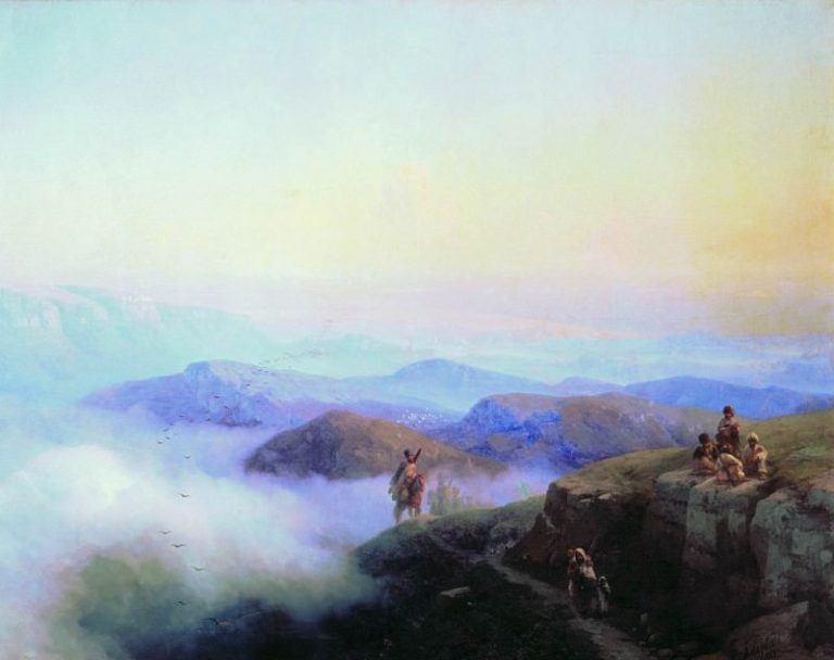 Цепи Кавказских гор. Вид с Каранайских гор на Темир-Хан-Шуру, на Каспийском море 1869 130х170 картина