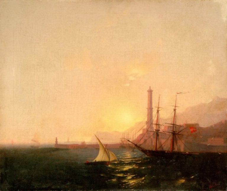 Восход солнца в гавани картина