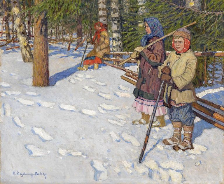 Дети в зимнеим лесу картина