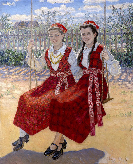 Две девушки на качелях картина