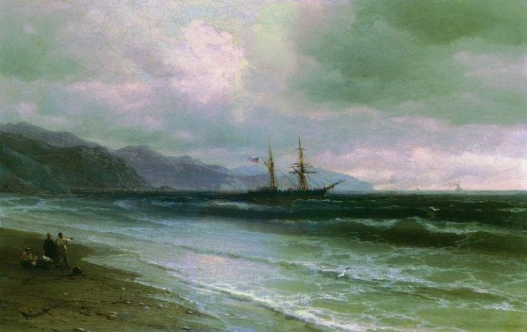 Пейзаж со шхуной 1870-1880-е 26,8х33 картина