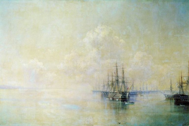 Эскадра Черноморского флота перед выходом на Севастопольский рейд 1895 96х150 картина