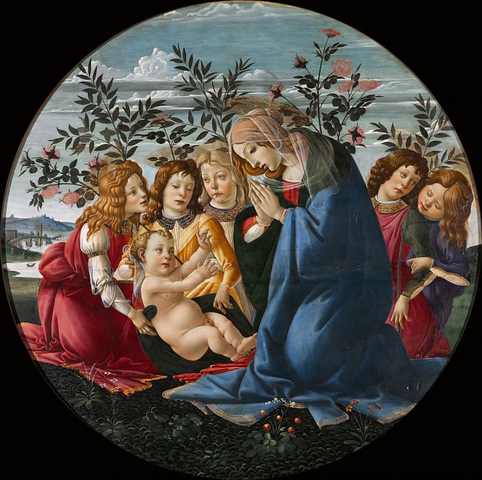 Мадонна, поклоняющаяся Младенцу Христу, с пятью ангелами (совместная работа Боттичелли и его мастерской) картина