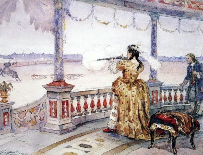 Императрица Анна Иоанновна в петергофском Тампле стреляет оленей картина