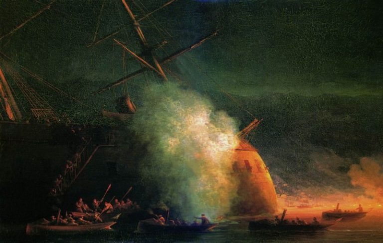 Минная атака катерами парохода Великий князь Константин турецкого броненосца Ассари-Шевкет на Сух картина