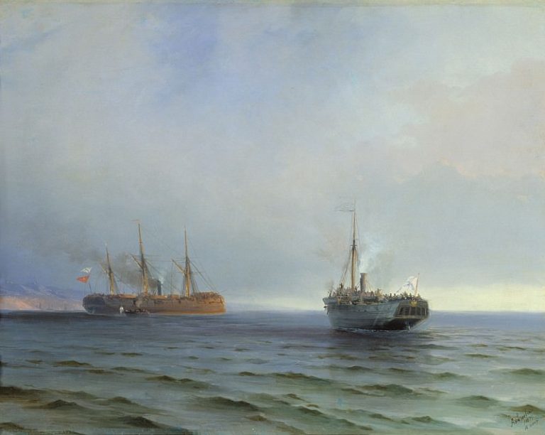 Захват пароходом Россия турецкого военного транспорта-Мессина- на Чёрном море 13 декабря 1877 год картина