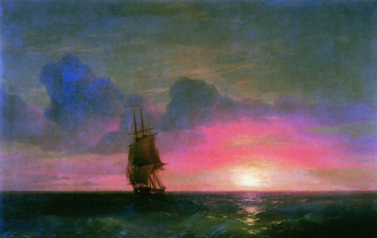 Закат солнца. Одинокий парусник 1853 90х140 картина