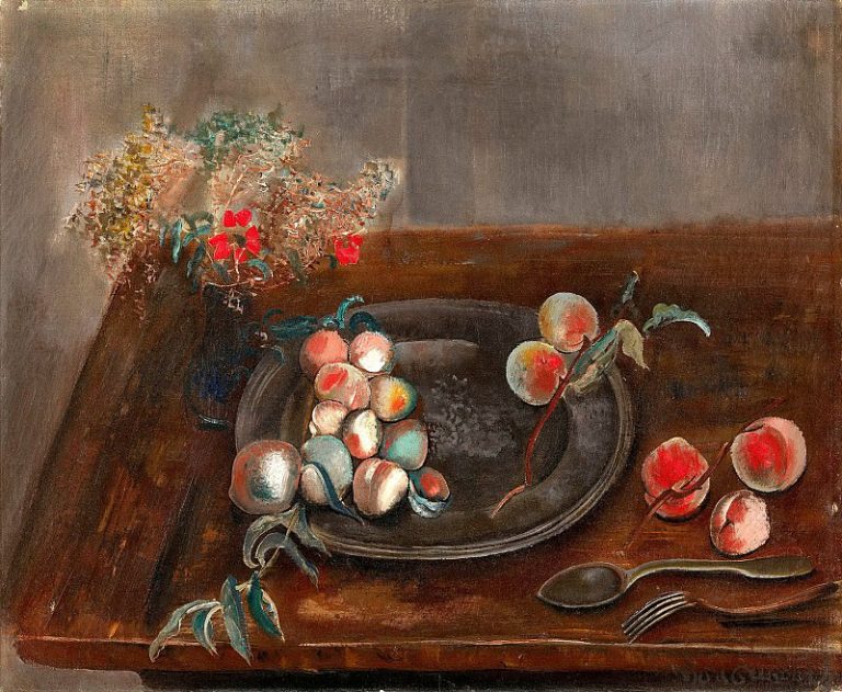 Натюрморт с фркутами и цветами на столе картина