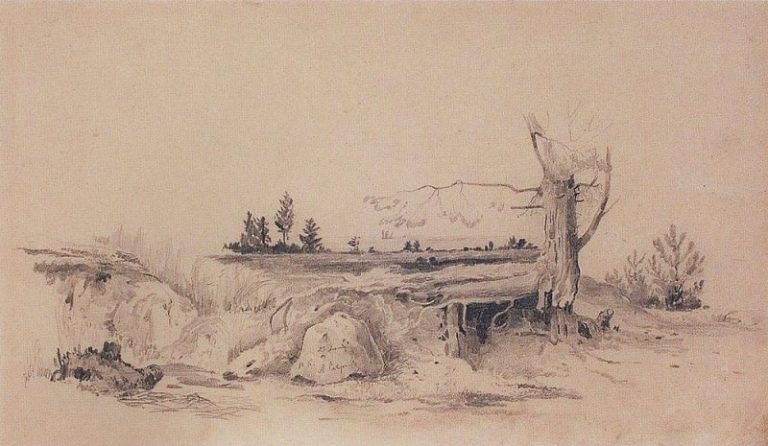 Побережье Финского залива. Пейзаж с землянкой. 1854 картина