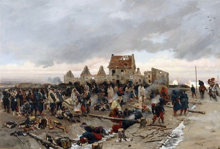Альфонс де Нёвилль – Бивуак у Бурже после сражения 21 декабря 1870 года картина