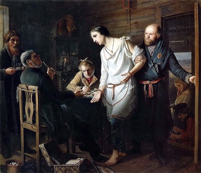 Приезд станового на следствие. 1857 Х. , м. 38х43 ГТГ картина
