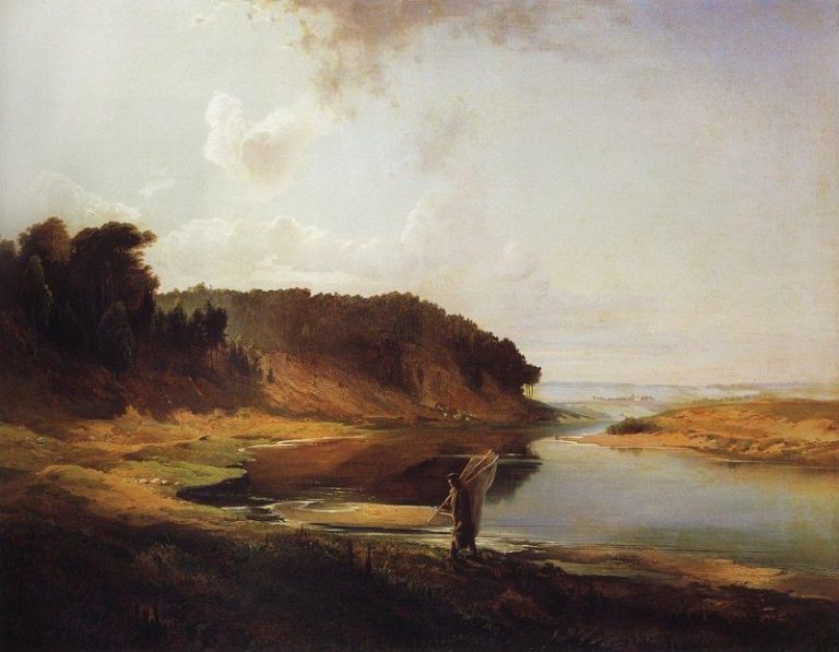 Пейзаж с рекой и рыбаком. 1859 картина