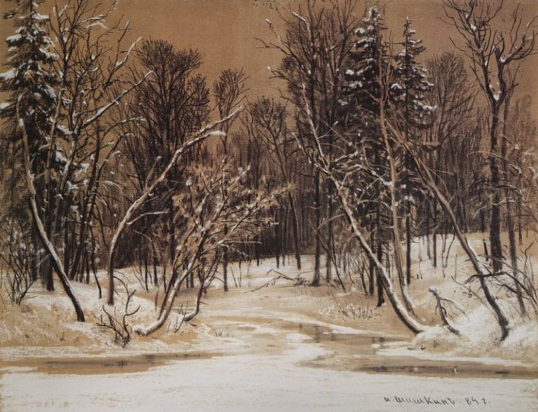 Лес зимой. 1884 Бумага коричневая. уголь, мел 49х64 картина