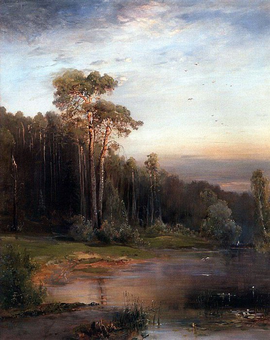Летний пейзаж с соснами у реки. 1878 картина