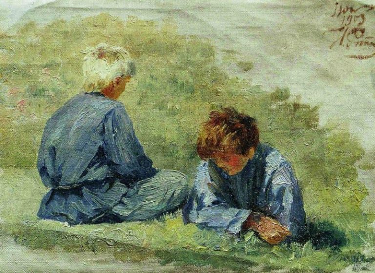 Мальчики на траве картина