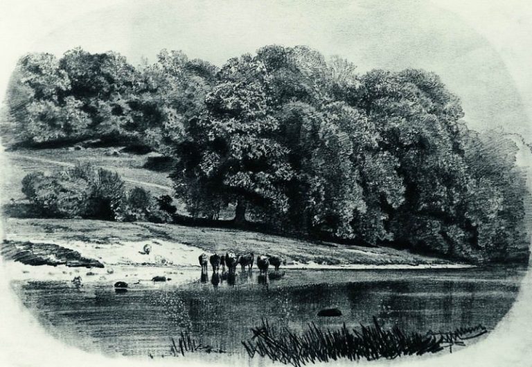 Стадо на берегу реки 1870-е 27х38 картина