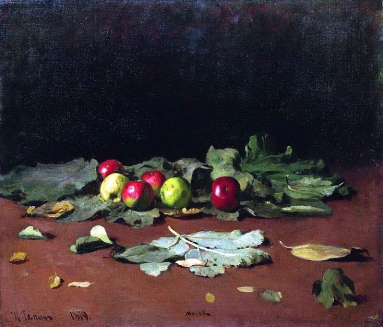 Яблоки и листья картина