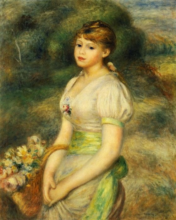 Девушка с корзиной цветов картина