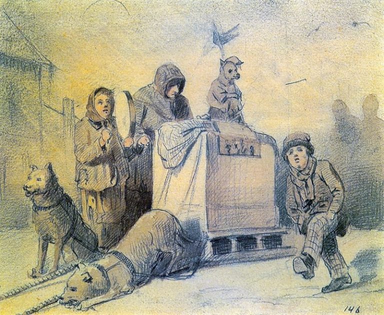 Уличные музыканты в Париже. 1863 Б. , гр. к. , акв. 14х17. ГТГ картина