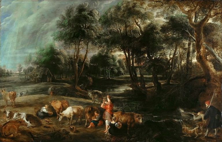 Пейзаж с охотниками и коровами картина