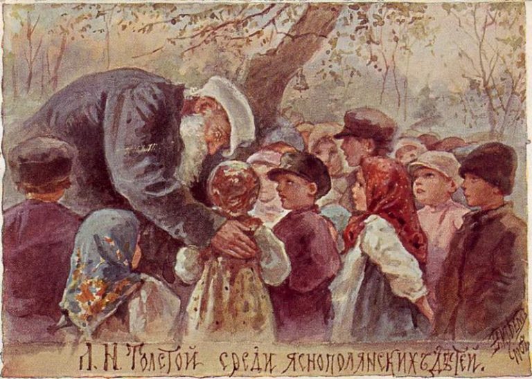 Л. Н. Толстой среди яснополянских детей. картина