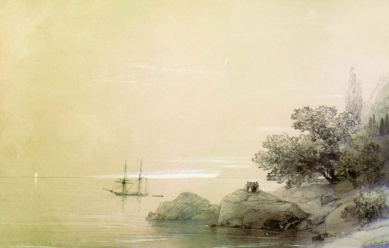 Море у скалистого берега 1851. Дерево, карандаш, процарапка 18,….7х27,..2 картина