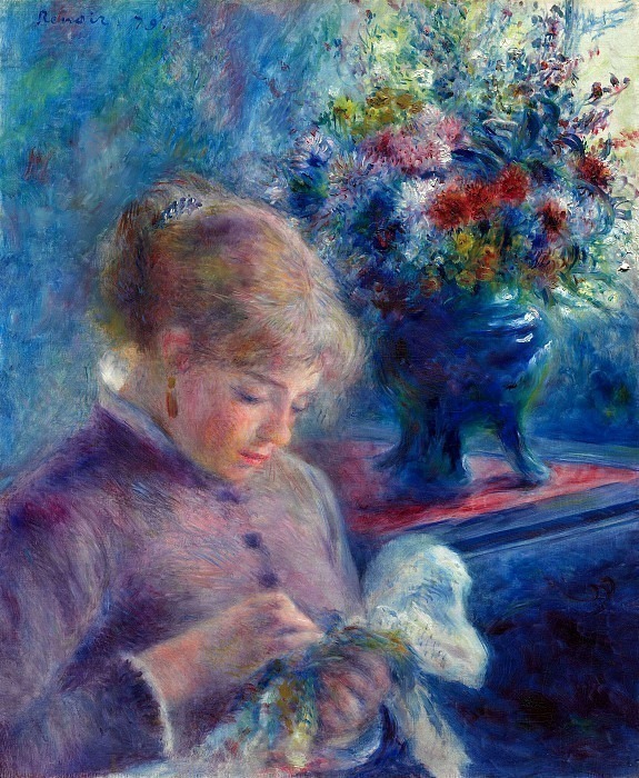 Молодая женщина за шитьём картина