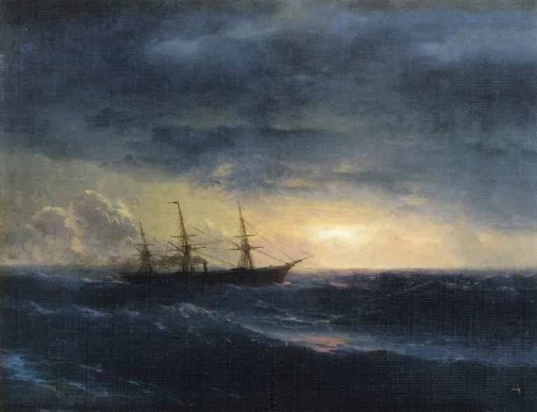 Крейсер в море ночью 23х50 картина