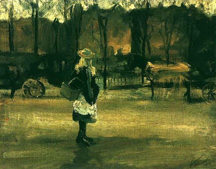 Девушка на улице на фоне двух карет картина