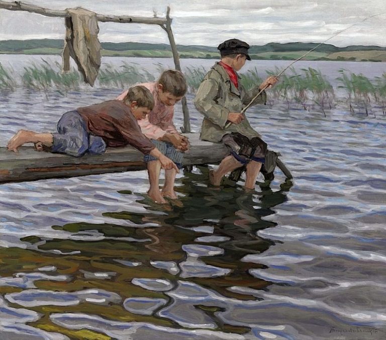 Рыбалка детей с мостков картина