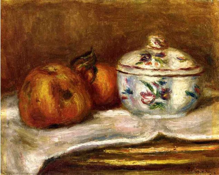 Сахарница, яблоко и апельсин картина