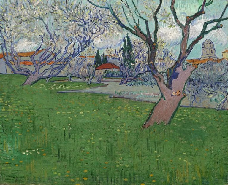 Вид Арля с цветущими деревьями картина