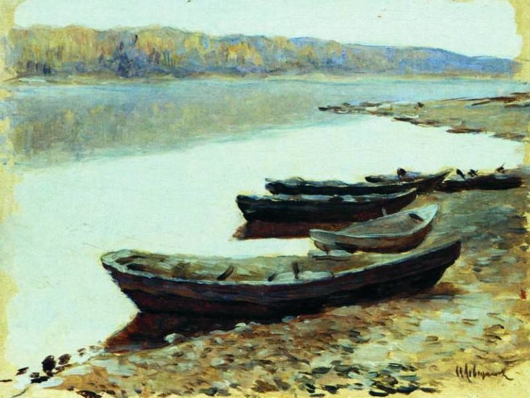Волжский пейзаж. Лодки у берега. 1877-1878 картина