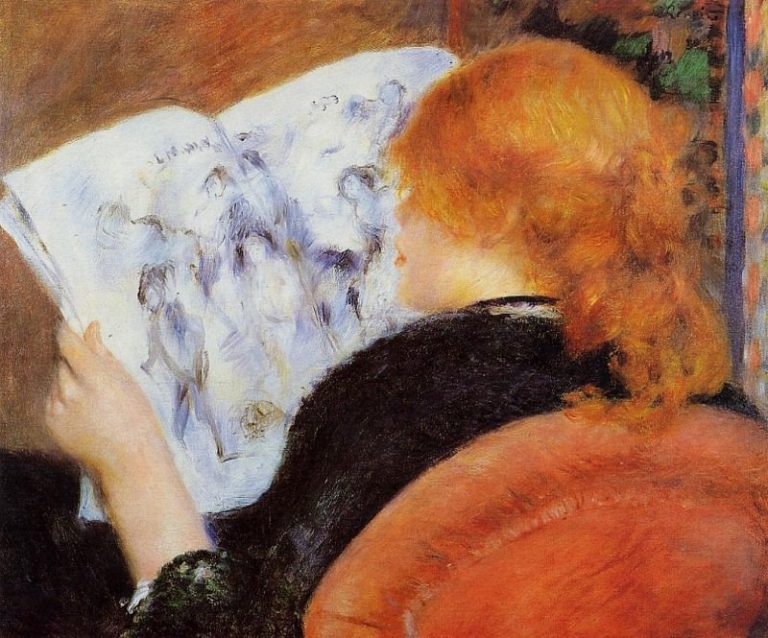 Молодая женщина читает иллюстрированный журнал картина