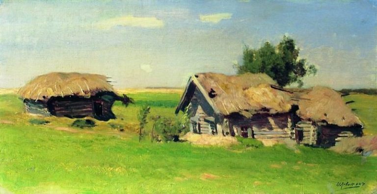 Пейзаж с избами. 1885 картина