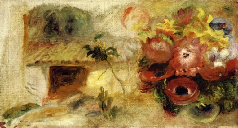 Домик, лютики и разнообразные цветы (этюд) картина
