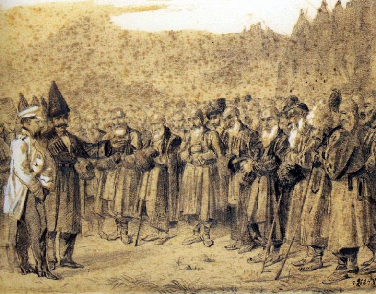 Представление начальству (Русский офицер и кавказцы). 1863-1864 картина