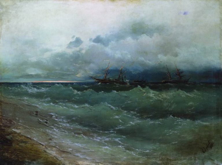 Корабли в бурном море. Восход солнца 1871 108х143 картина