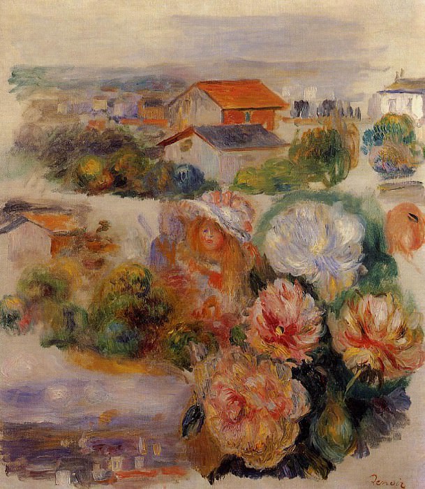 Пейзаж, цветы и маленькая девочка картина