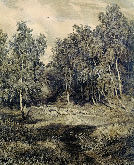 Пейзаж с гуртом овец 1870-Е. Офорт картина